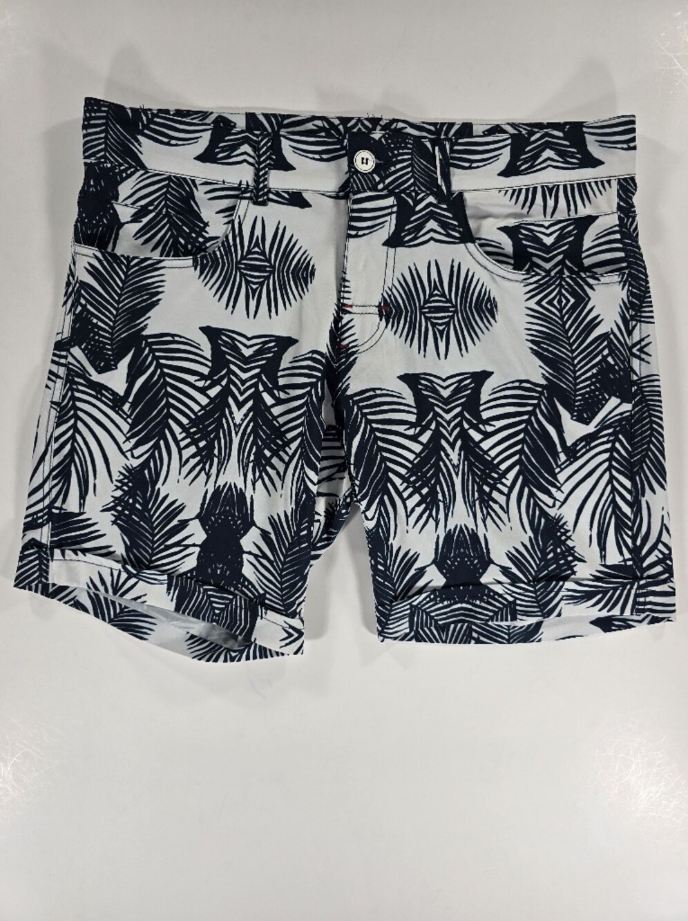 Andrew Christian California Collection Blue White Tropical Leaf Shorts Mens 32